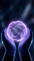 Hands holding glowing purple energy sphere with particles and light rays on dark background, representing magic, power, technology, and future innovation.