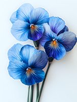 Delicate blue pansies with purple undertones and yellow centers on white background, macro photography showing detailed flower petals and natural texture.