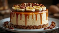Homemade banana caramel cheesecake topped with fresh banana slices, dripping salted caramel sauce and crunchy pecan nuts on white plate, dark background.