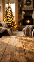 Rustic wooden table surface with blurred Christmas tree lights and cozy fireplace in background creating warm holiday atmosphere for product display.