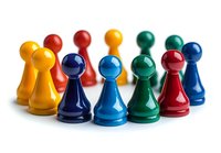 Colorful wooden game pieces in red, yellow, blue and green arranged on white background for board games and educational activities.