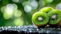 Fresh kiwi fruit halves with juicy flesh on dark surface against blurred green bokeh background with water drops creating magical sparkle effect.