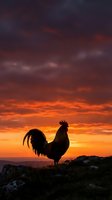 Rooster silhouette standing on rocky ground against dramatic orange and golden sunset sky with dark storm clouds, perfect for agricultural and nature themes.