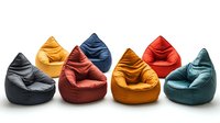 Colorful bean bag chairs arranged in row on white background, comfortable modern furniture for casual living spaces and relaxation areas.