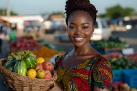 Young African woman in traditional colorful dress holding basket of fresh fruits and vegetables at outdoor market, displaying bright genuine smile.