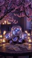 Mystical fortune telling setup with glowing crystal balls, tarot cards and candles under blooming cherry blossom branches in purple twilight atmosphere.