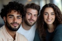 Diverse group of young professionals smiling at camera - mixed ethnicity friends or coworkers showing genuine joy and connection in casual office setting.