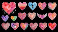 Watercolor heart clipart set with 18 unique designs, isolated on transparent background. Great for Valentine's Day stickers, t-shirt design, print on demand, and sublimation projects.
