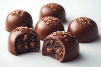 Milk chocolate truffles with nuts and caramel filling, one cut in half showing rich dark interior texture on white background, macro food photography.
