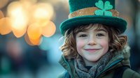 Young girl wearing green leprechaun hat with shamrock celebrating St. Patrick's Day holiday with warm bokeh lights in background creating festive atmosphere.