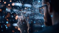 Man in glasses touching glowing digital network visualization with bokeh light effects in dark environment, representing future technology and connectivity.