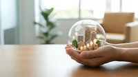 Hands holding glass dome with miniature city buildings and trees representing urban planning, environmental protection, and sustainable development concepts.
