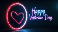 Glowing neon heart and Valentine's Day text on dark background with sparkles and light effects, romantic holiday greeting design in pink and blue colors.