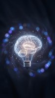Glowing light bulb with brain filament surrounded by blue bokeh lights on dark background representing creativity and innovation concepts.