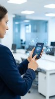 Professional businesswoman using VPN security app on smartphone with digital protection icons in modern office environment for cybersecurity and data privacy.