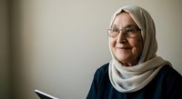 Senior woman wearing hijab and eyeglasses holding tablet device, portrait against neutral background for healthcare, technology, and diversity concepts.
