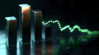 Glowing green dots trail away from illuminated crystal pillars on dark reflective surface, creating mystical atmospheric scene with ethereal lighting effects.