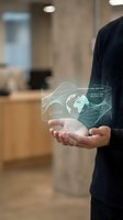 Businessman holding holographic global network projection with data visualization in modern office environment for digital transformation concepts.