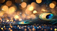 Peacock feather with golden bokeh lights on dark background creates magical atmosphere. Macro photography captures iridescent plume detail and dreamy blur effect.