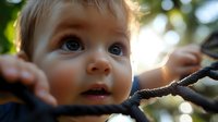 Close up portrait of curious toddler with blue eyes exploring tree branches outdoors in natural sunlight, expressing wonder and discovery in childhood development.