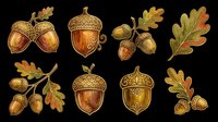 Golden acorns and oak leaves isolated on transparent background, ready for t-shirt design, clipart, stickers, sublimation, and print-on-demand projects.