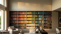 Modern home library with color-coordinated bookshelf wall featuring rainbow arrangement of books in contemporary living room with natural lighting.