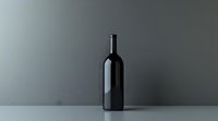 Dark glass wine bottle stands alone on light surface against neutral gray background, creating minimalist composition with dramatic lighting and shadow play.