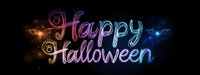 Glowing neon Happy Halloween text with colorful gradient effect and magical sparkles on black background, spooky festive lettering design for holiday decoration.