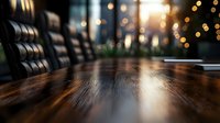 Luxurious wooden conference table with leather chairs in modern office setting, illuminated by warm bokeh lights and sunset glow through windows. Atmospheric business interior.