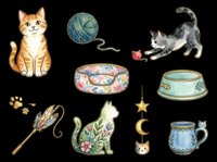 Ginger tabby cat sitting upright with alert expression, gray and white kitten playing with red toy ball, blue yarn ball with trailing string, floral patterned pet bed, ceramic food and water bowls, feather toy wand, green cat figurine with floral details, star and moon hanging toy, and ceramic mug. All elements isolated on transparent background, ready for t-shirt design, clipart, stickers, print-on-demand products and sublimation.