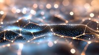 Abstract digital landscape with glowing particles and connected lines forming waves against dark background with bokeh light effects. Futuristic network concept.