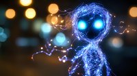 Glowing blue energy being with bright eyes against dark bokeh background, magical ethereal creature made of light and electricity strands reaching outward.