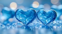 Two transparent blue glass hearts on sparkling ice crystals against blurred bokeh background in cool winter tones, romantic love concept for valentines day celebrations.