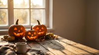 Carved Halloween pumpkins with glowing faces on rustic wooden table by window with warm autumn sunlight streaming through for seasonal decor.
