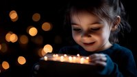 Young girl making birthday wish blowing candles on cake with warm bokeh lights creating magical celebration atmosphere for party greeting cards.