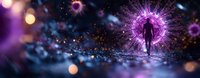 Silhouette of person standing in glowing purple portal with magical light effects and bokeh. Mystical fantasy panoramic composition with cosmic atmosphere.