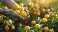 Farmer hands holding fresh ripe oranges in sunny citrus grove during harvest season. Agricultural worker collecting organic fruit from orange tree.