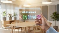 Hand touching transparent digital interface displaying AI Assistant with colorful icons in modern office environment for business technology applications.
