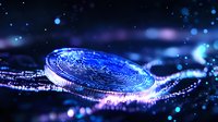 Glowing blue cryptocurrency coin on dark background with bokeh light effects and digital wave pattern, futuristic financial technology concept.