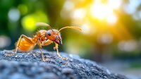 Red ant in macro photography on rough surface with blurred natural green background and sunlight bokeh effect creating atmospheric nature scene.