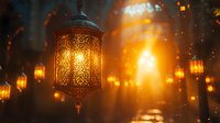 Ornate metal lantern with intricate patterns glowing warmly against bokeh lights background creating atmospheric evening ambiance for decorative lighting design.