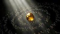 Golden sphere floating above digital circuit board with glowing data streams and light rays creating futuristic technology atmosphere for AI and computing concepts.