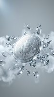 Silver bitcoin coin surrounded by floating crystal diamonds on gray background representing cryptocurrency wealth and digital investment success.