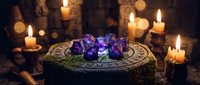 Mystical altar with glowing purple crystals surrounded by flickering candles in atmospheric dungeon setting for fantasy gaming and spiritual themes.