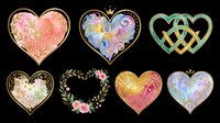 Decorative heart shapes with ornamental designs, floral patterns, and metallic accents isolated on transparent background. Ready for t-shirt designs, clipart, stickers, sublimation, print-on-demand products and digital crafts.