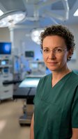 Confident female surgeon with curly hair and glasses in green scrubs standing in modern operating room with medical equipment and surgical lights.