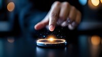 Magical glowing light ring with sparkles appears under pointing finger against dark background with bokeh lights, creating mystical atmosphere.