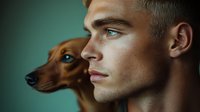 Young Caucasian man in profile with brown dachshund dog looking same direction against teal background. Pet owner bonding concept for lifestyle content.