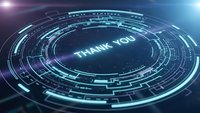 Futuristic holographic thank you message with glowing blue circular interface and digital elements for technology presentations and gratitude concepts.