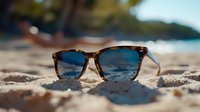 Stylish tortoiseshell sunglasses with blue lenses resting on sandy beach with blurred tropical shoreline background, perfect for summer vacation advertising.